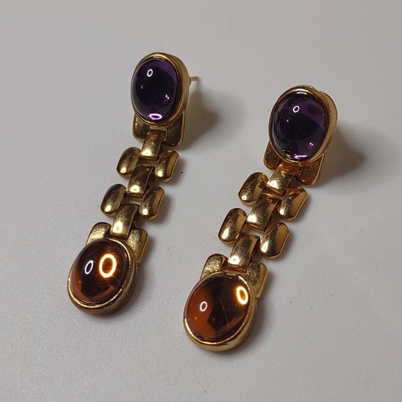 Purple Orange And Gold Tone Link Dangle Earrings - Picture 1 of 15